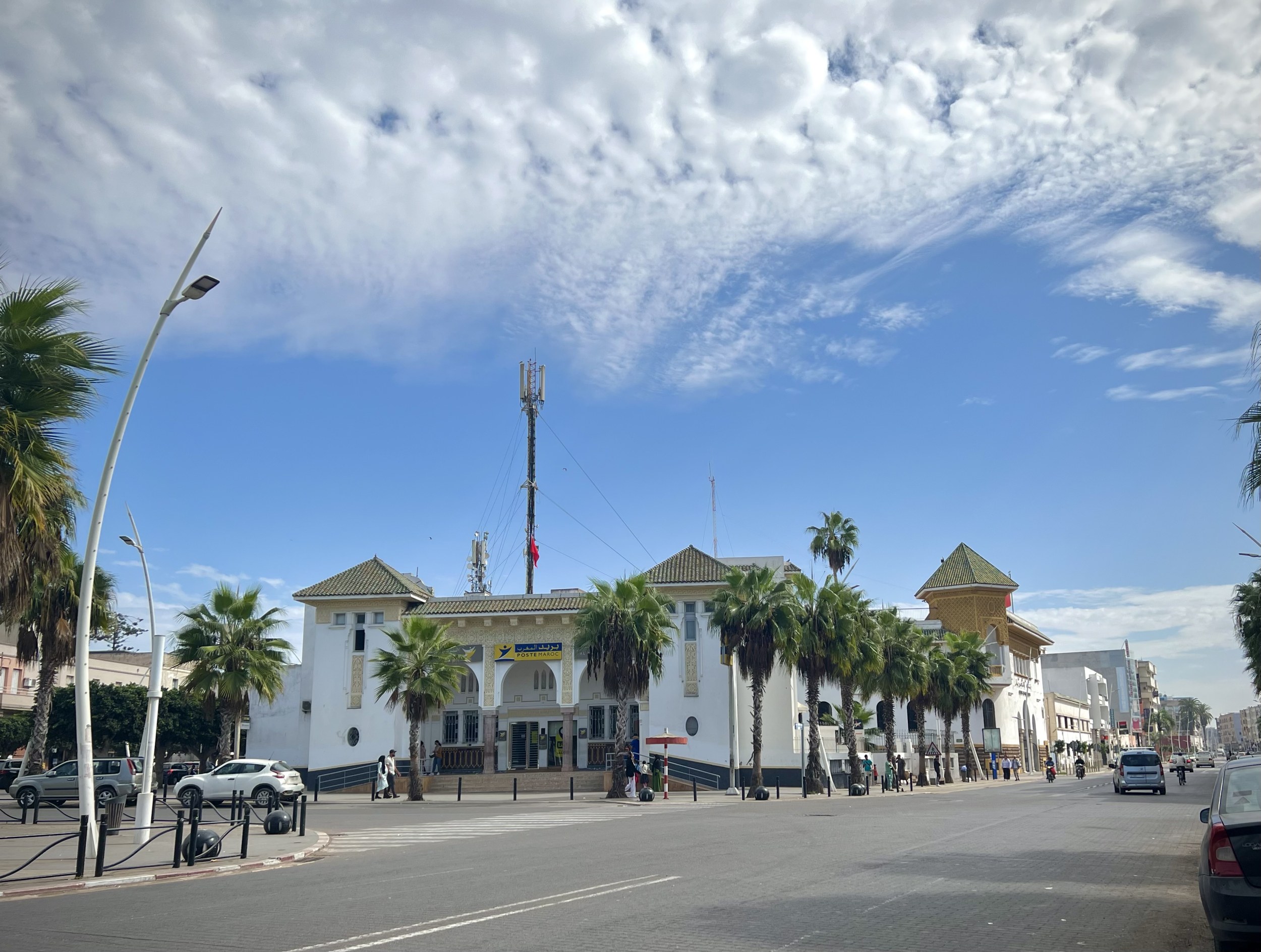 Avenue bordée de palmiers et bâtiment blanc à El Jadida