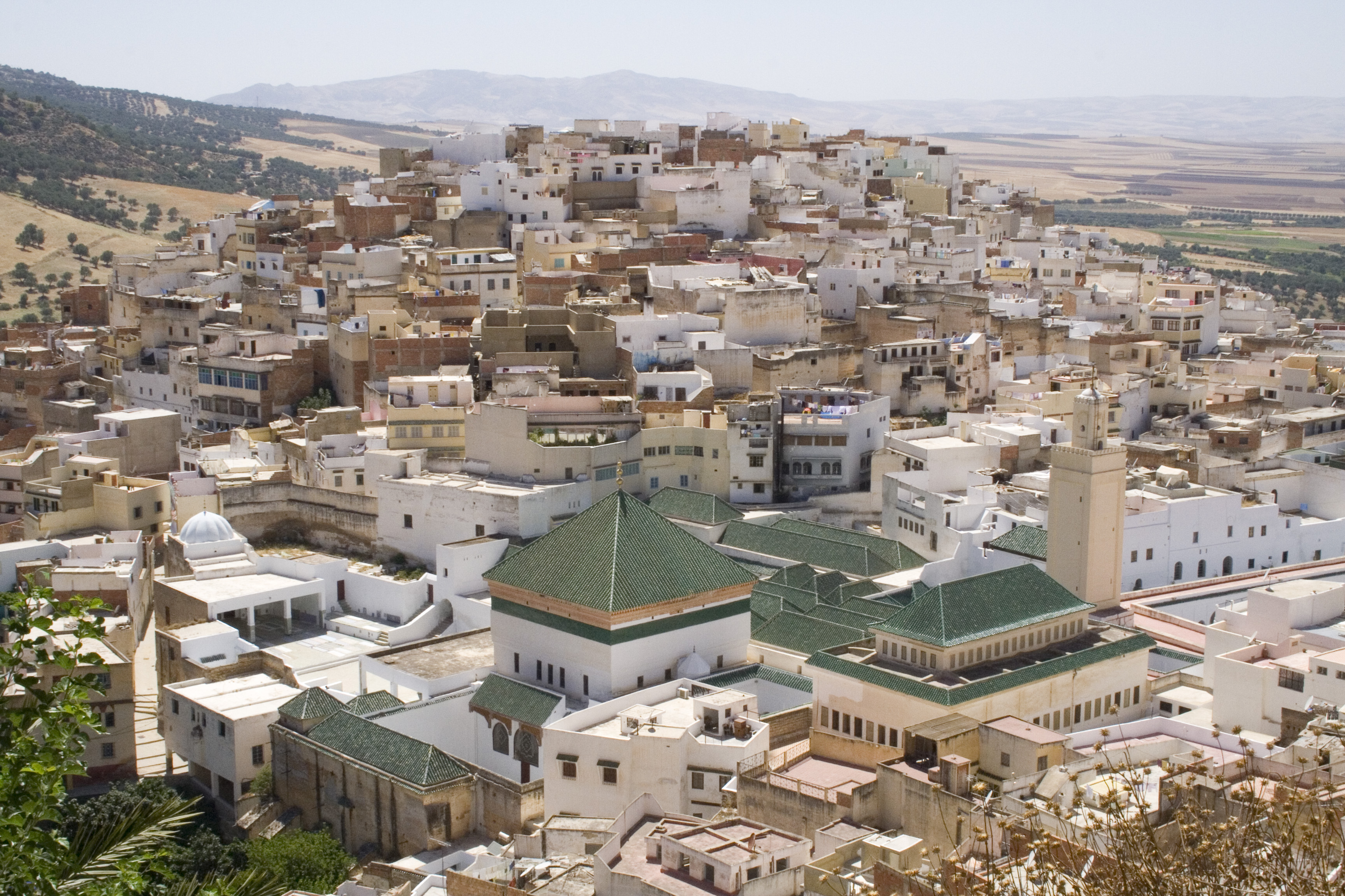 Vue sur le village colline de Moulay Idriss avec sa mosquée à toits verts